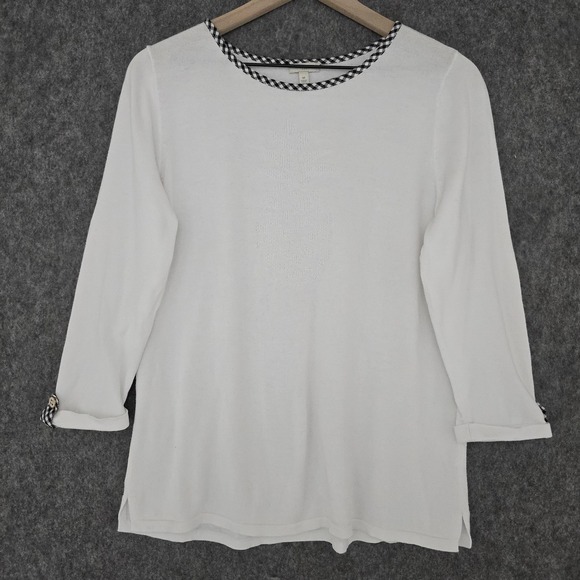 Talbots Sweaters - Talbots Sweater Womens M White Pineapple Knit Gingham Trim Button Cuff Pullover